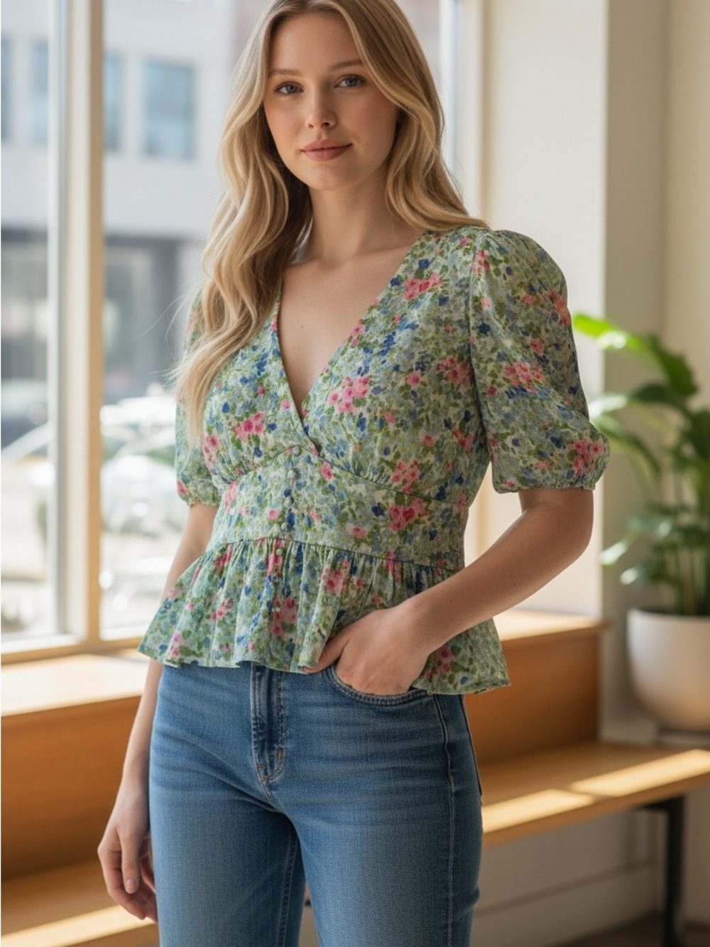 Notes du Nord Floral Peplum Blouse Romantic Cottagecore Top” size 10